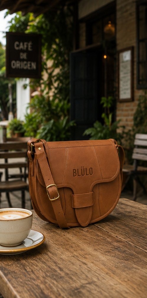 Bandolera Blülo en cuero curtido a mano, sobre mesa de café