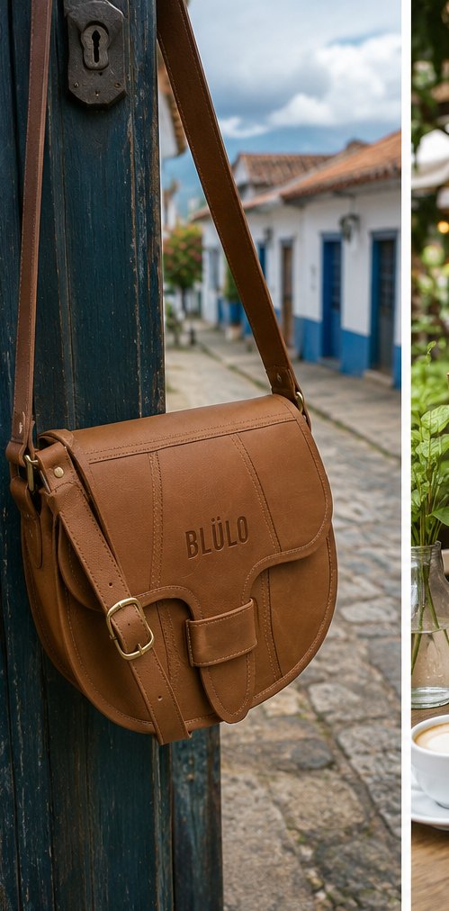 Bandolera Blülo colgada en portón antiguo, Cartagena